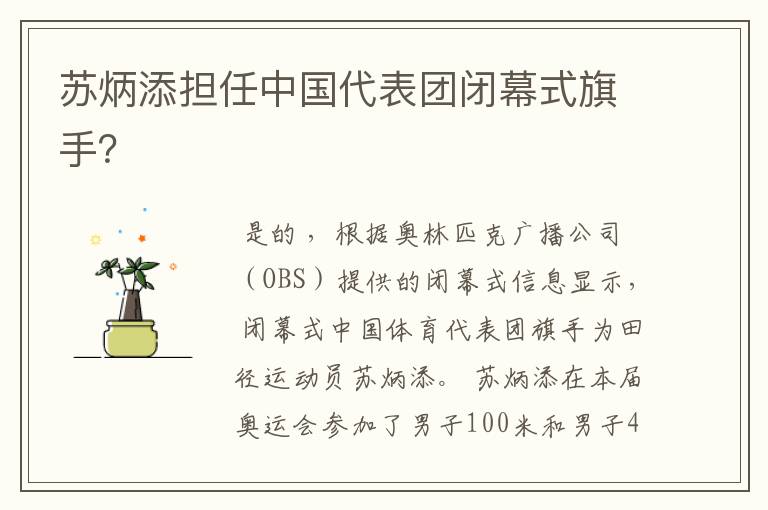苏炳添担任中国代表团闭幕式旗手?