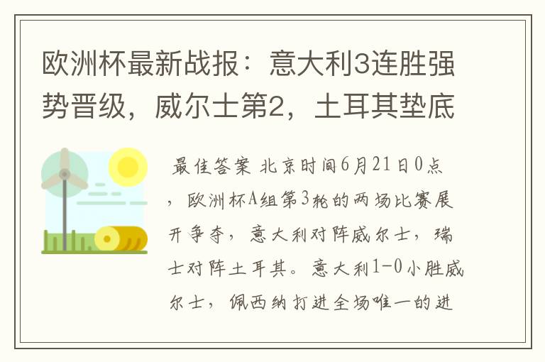 欧洲杯最新战报:意大利3连胜强势晋级,威尔士第2,土耳其垫底