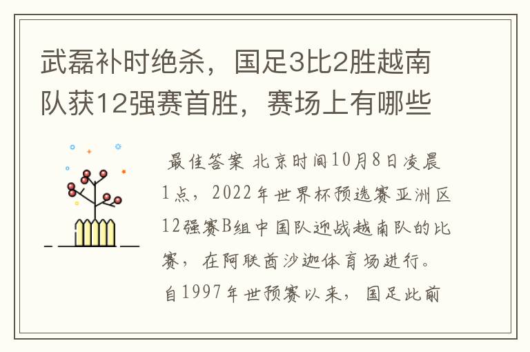 武磊补时绝杀,国足3比2胜越南队获12强赛首胜,赛场上有哪些精彩瞬间?
