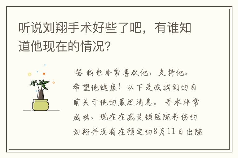听说刘翔手术好些了吧,有谁知道他现在的情况?