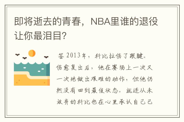 即将逝去的青春,NBA里谁的退役让你最泪目?