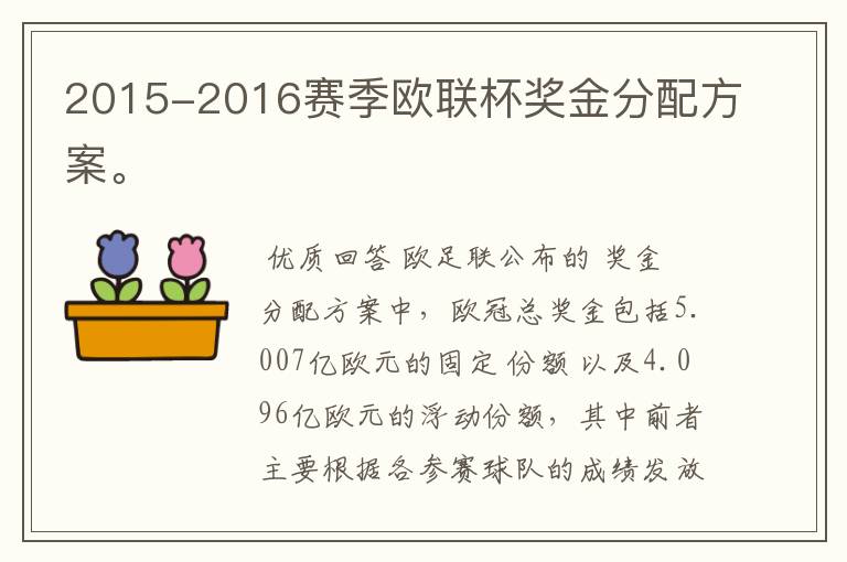 2015-2016赛季欧联杯奖金分配方案。