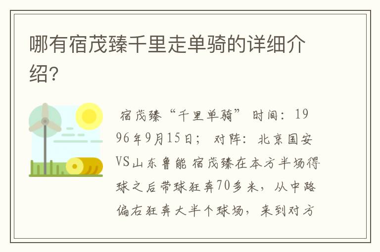 哪有宿茂臻千里走单骑的详细介绍?