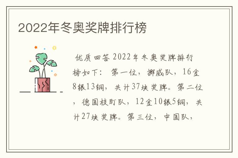 2022年冬奥奖牌排行榜