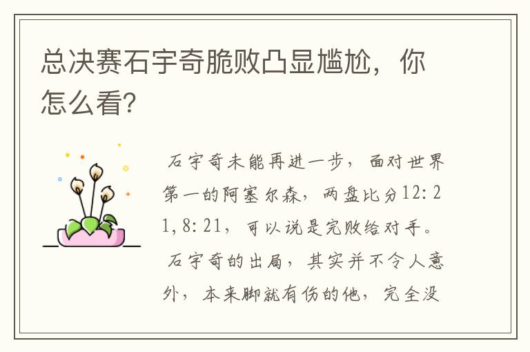 总决赛石宇奇脆败凸显尴尬,你怎么看?