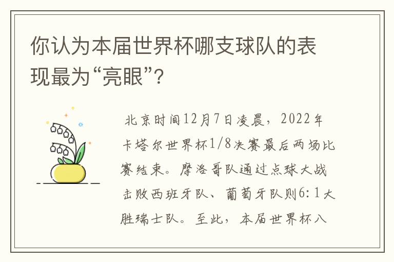 你认为本届世界杯哪支球队的表现最为“亮眼”?