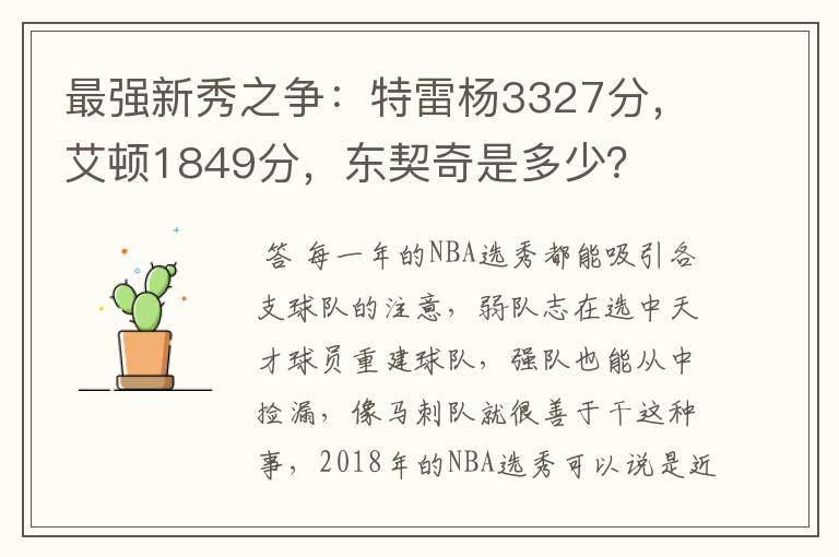 最强新秀之争:特雷杨3327分,艾顿1849分,东契奇是多少?