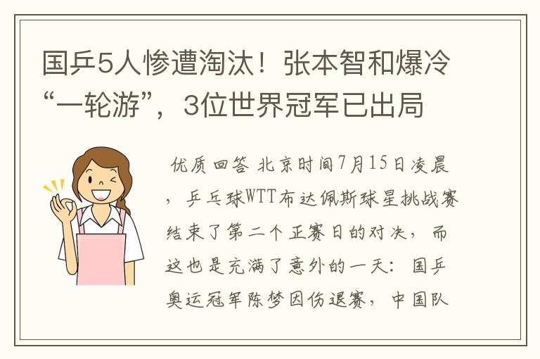国乒5人惨遭淘汰!张本智和爆冷“一轮游”,3位世界冠军已出局