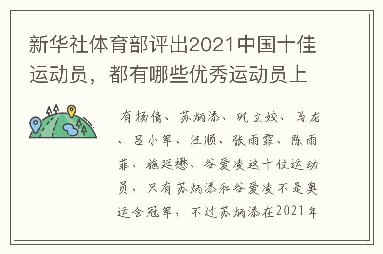 新华社体育部评出2021中国十佳运动员,都有哪些优秀运动员上榜?