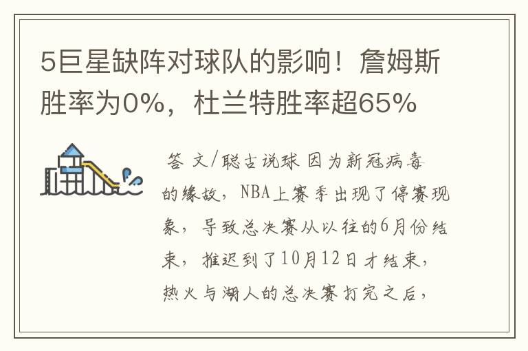 5巨星缺阵对球队的影响!詹姆斯胜率为0%,杜兰特胜率超65%
