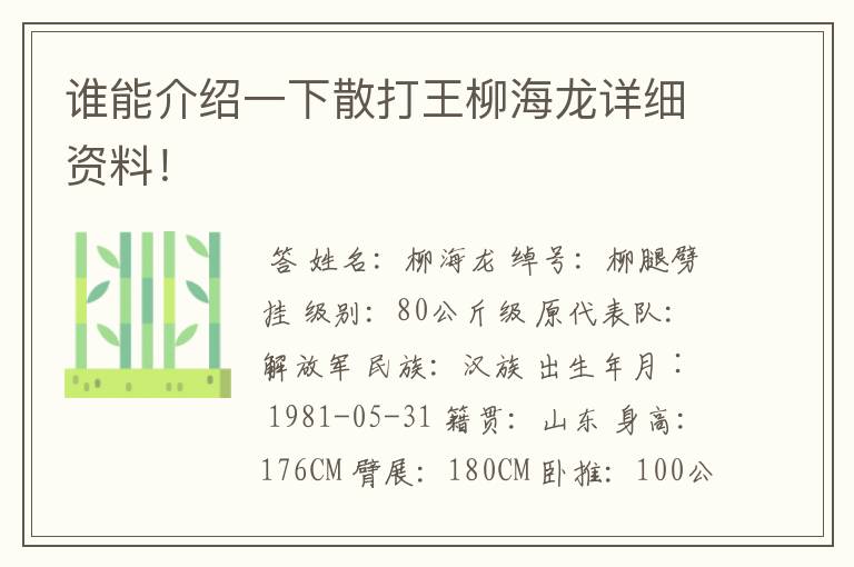 谁能介绍一下散打王柳海龙详细资料!