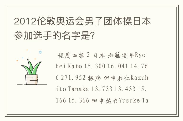 2012伦敦奥运会男子团体操日本参加选手的名字是?
