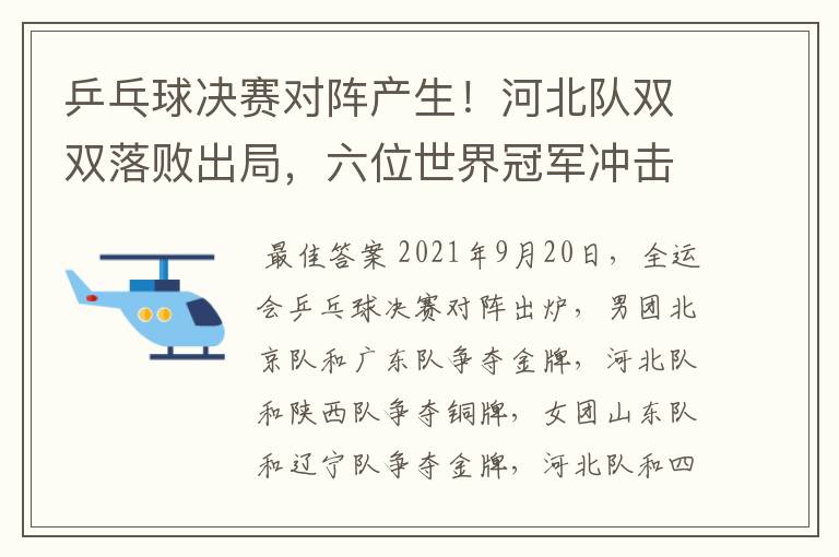 乒乓球决赛对阵产生!河北队双双落败出局,六位世界冠军冲击金牌
