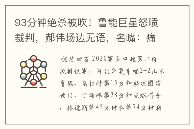 93分钟绝杀被吹!鲁能巨星怒喷裁判,郝伟场边无语,名嘴:痛心