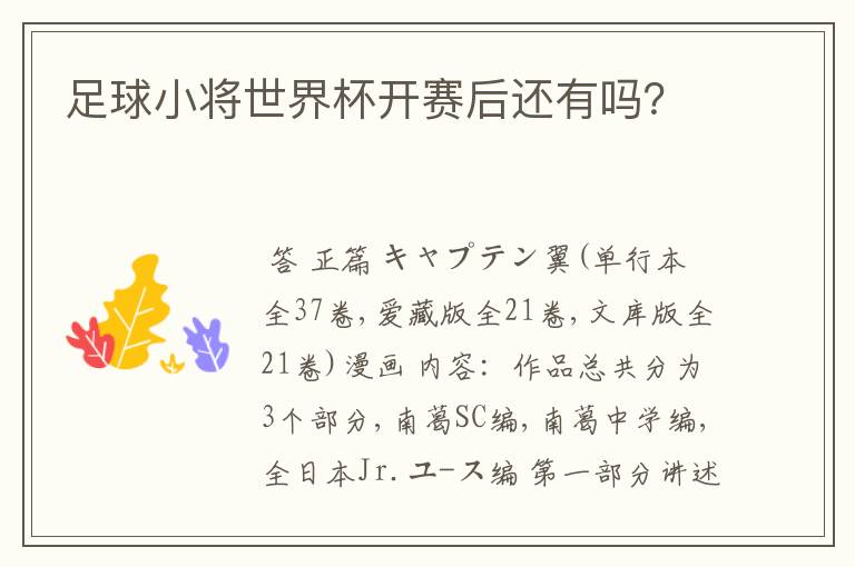 足球小将世界杯开赛后还有吗?