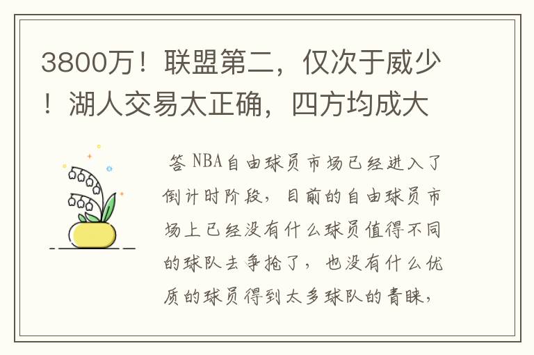 3800万!联盟第二,仅次于威少!湖人交易太正确,四方均成大赢家