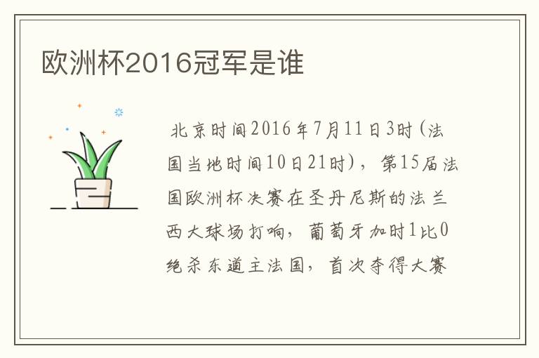 欧洲杯2016冠军是谁