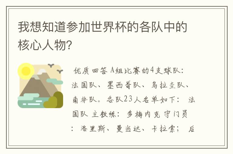 我想知道参加世界杯的各队中的核心人物?