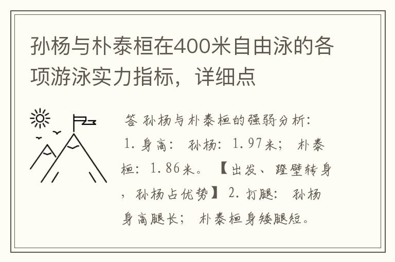 孙杨与朴泰桓在400米自由泳的各项游泳实力指标,详细点