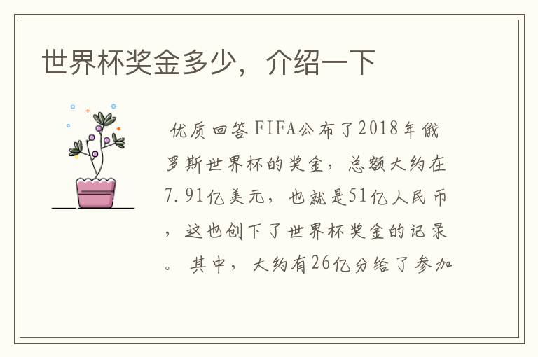 世界杯奖金多少,介绍一下