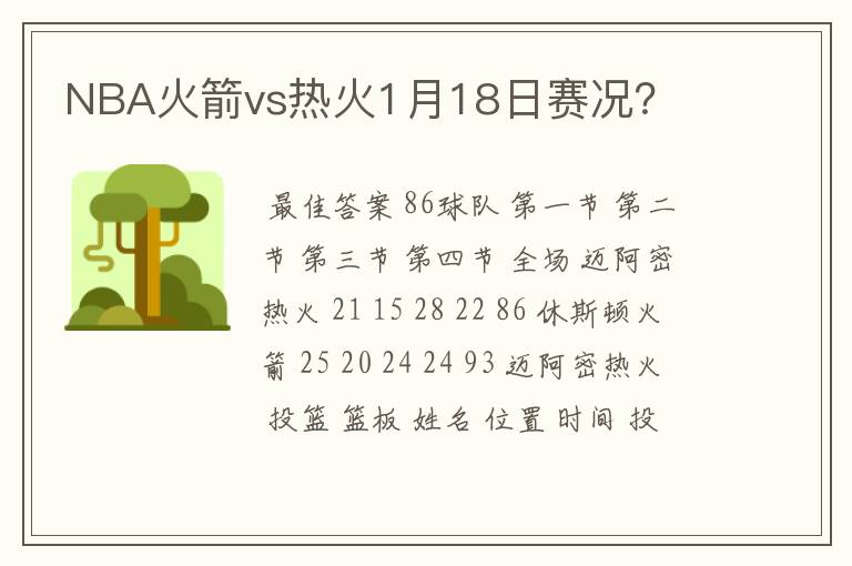NBA火箭vs热火1月18日赛况？