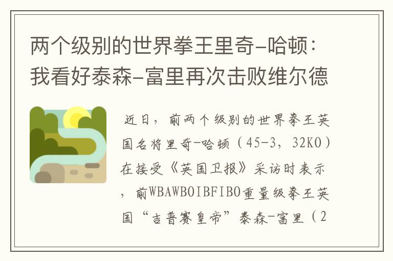 两个级别的世界拳王里奇-哈顿:我看好泰森-富里再次击败维尔德