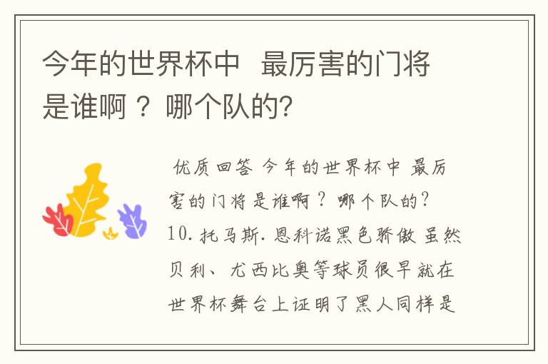 今年的世界杯中 最厉害的门将是谁啊 ?哪个队的?