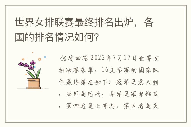 世界女排联赛最终排名出炉,各国的排名情况如何?