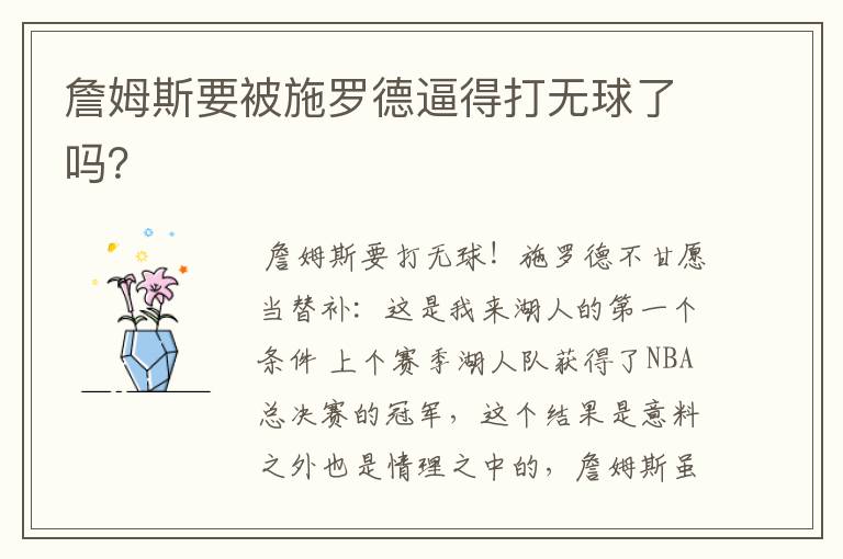 詹姆斯要被施罗德逼得打无球了吗?