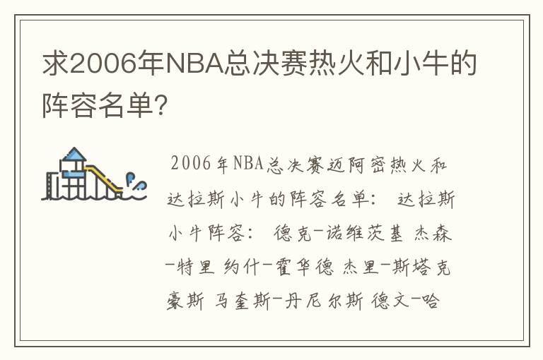 求2006年NBA总决赛热火和小牛的阵容名单?