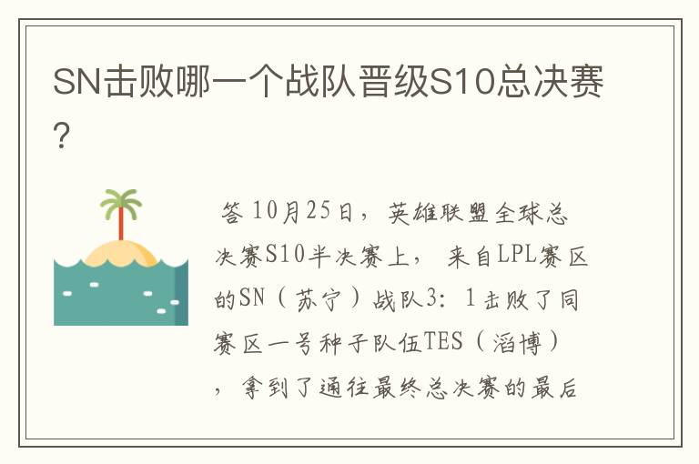 SN击败哪一个战队晋级S10总决赛?
