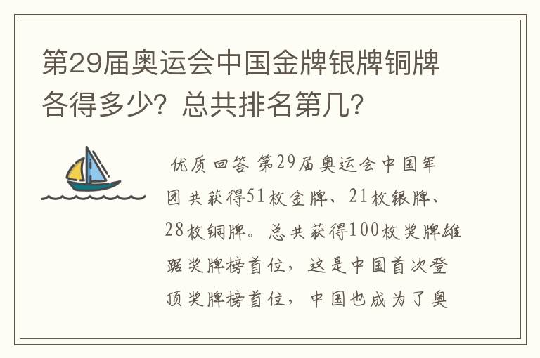 第29届奥运会中国金牌银牌铜牌各得多少?总共排名第几?