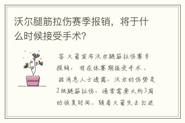 沃尔腿筋拉伤赛季报销,将于什么时候接受手术?