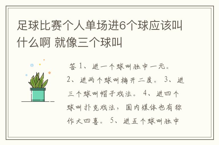 足球比赛个人单场进6个球应该叫什么啊 就像三个球叫