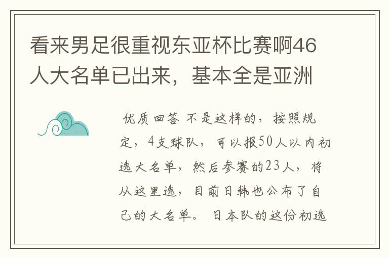 看来男足很重视东亚杯比赛啊46人大名单已出来,基本全是亚洲杯上的主力阵容,,,不知日韩会不会主