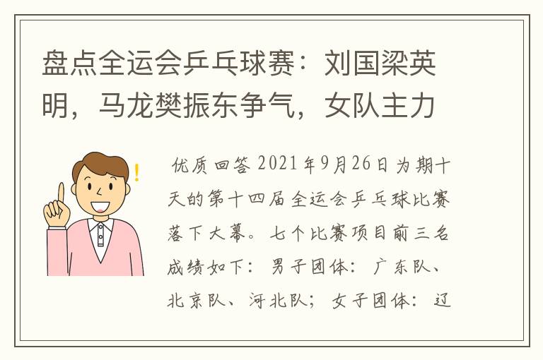 盘点全运会乒乓球赛:刘国梁英明,马龙樊振东争气,女队主力稳定