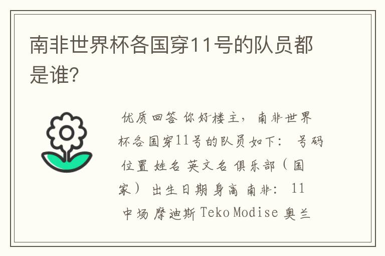南非世界杯各国穿11号的队员都是谁?
