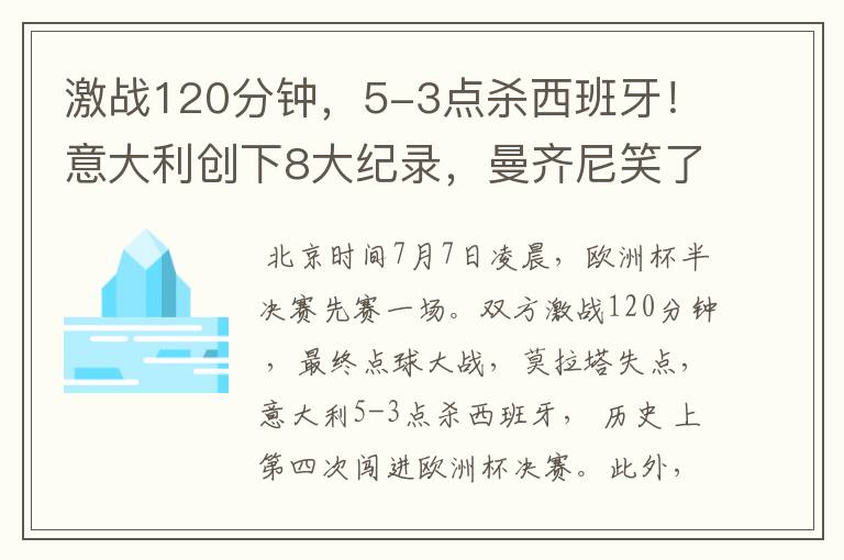激战120分钟,5-3点杀西班牙!意大利创下8大纪录,曼齐尼笑了