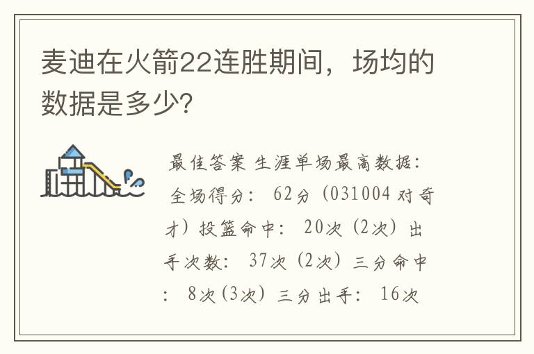 麦迪在火箭22连胜期间,场均的数据是多少?