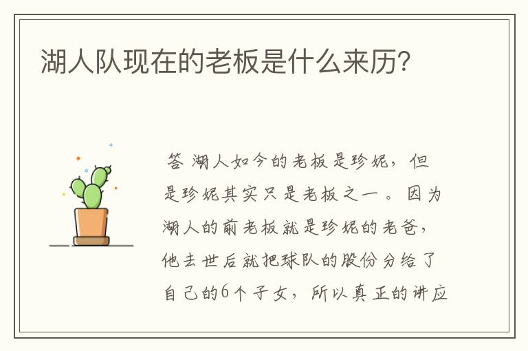 湖人队现在的老板是什么来历?