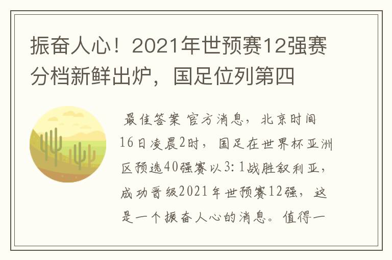 振奋人心!2021年世预赛12强赛分档新鲜出炉,国足位列第四