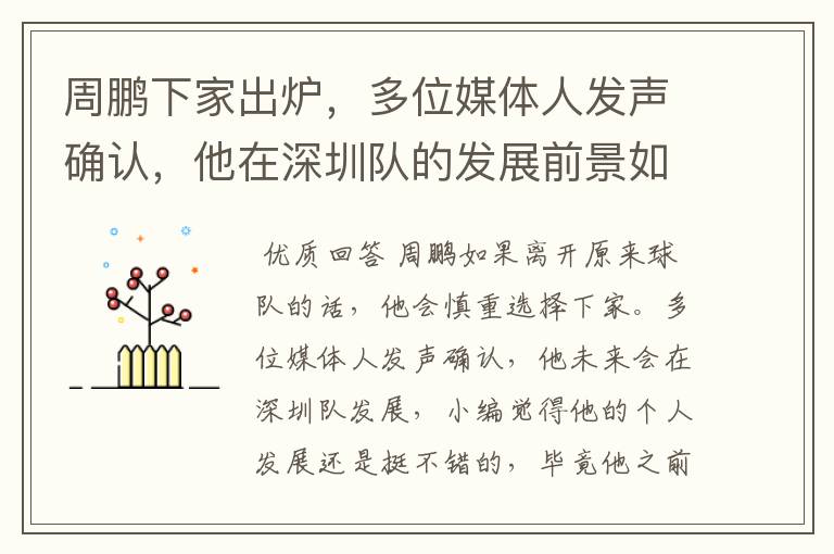 周鹏下家出炉，多位媒体人发声确认，他在深圳队的发展前景如何？