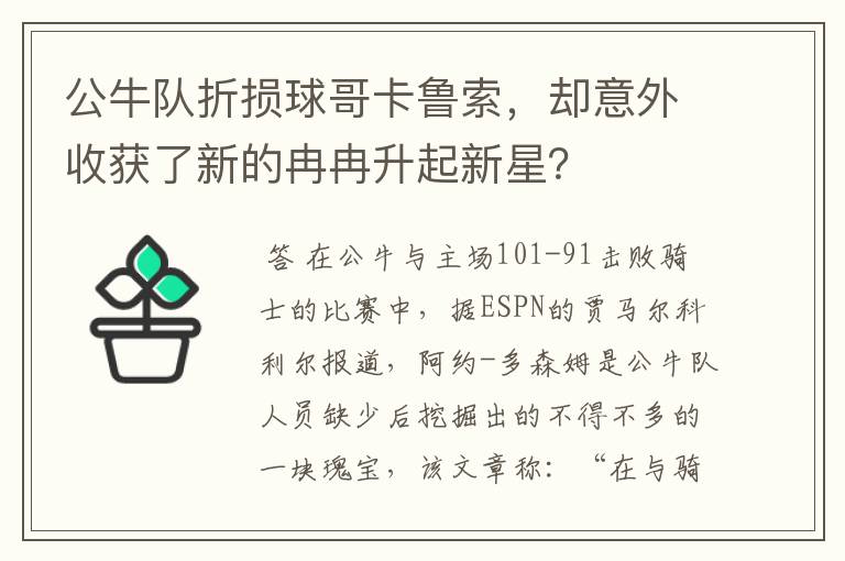 公牛队折损球哥卡鲁索，却意外收获了新的冉冉升起新星？