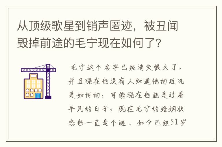 从顶级歌星到销声匿迹,被丑闻毁掉前途的毛宁现在如何了?
