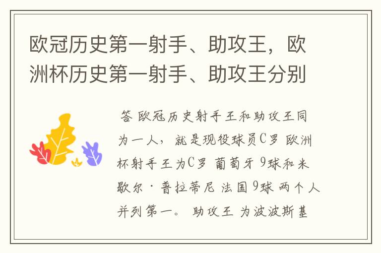 欧冠历史第一射手、助攻王,欧洲杯历史第一射手、助攻王分别是谁?