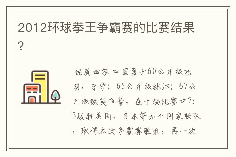 2012环球拳王争霸赛的比赛结果?