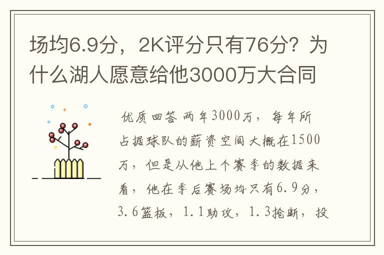 场均6.9分,2K评分只有76分?为什么湖人愿意给他3000万大合同