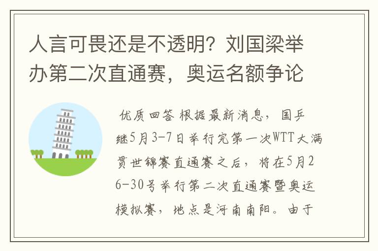 人言可畏还是不透明?刘国梁举办第二次直通赛,奥运名额争论不休