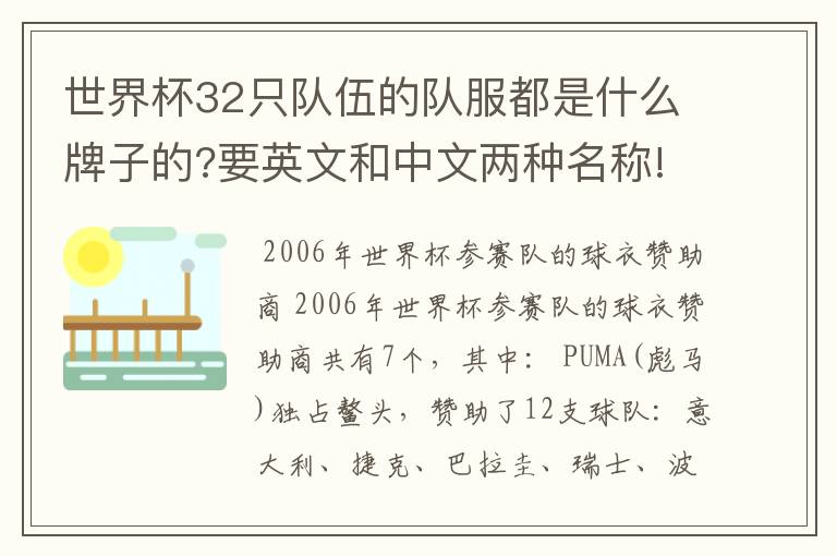 世界杯32只队伍的队服都是什么牌子的?要英文和中文两种名称!