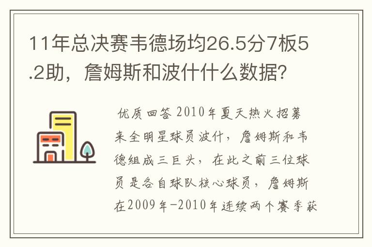 11年总决赛韦德场均26.5分7板5.2助,詹姆斯和波什什么数据?